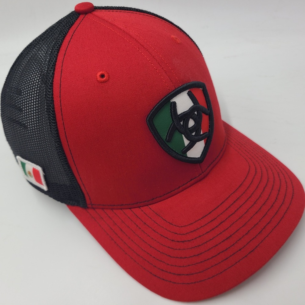 Ariat Hat Snapback Trucker Mesh Red Black Mexico Flag Patch Logo Outdoors Men